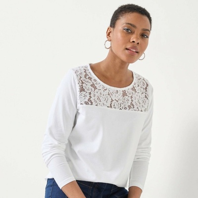 Blancheporte Tričko s okrúhlym výstrihom dlhými rukávmi a čipkou biela