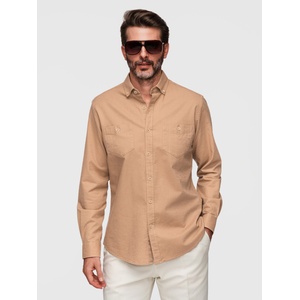 Ombre Clothing Мъжка ленена риза с класически ръб и джобове REGULAR FIT - светло кафяв V7 OM-SHCS-0134 Ombre Clothing Ombre Clothing | Kafyav | МЪЖЕ | S