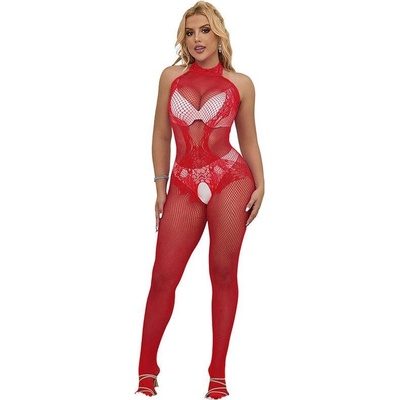 Subblime - 952372 fishnet and lace crotchless bodystocking with high neck red