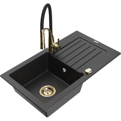 Mexen Pablo гранитна мивка с 1 корито, изцедник и кухненски смесител Aster, черен/сребрист металик - 6510-73-73450-57-G (6510-73-73450-57-G)
