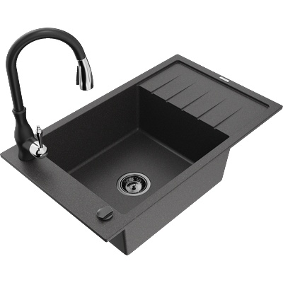 Mexen Elias гранитна мивка с 1 корито с отцедник и кухненски батер Savita, черен на пръски - 6511-76-672601-70-B (6511-76-672601-70-B)