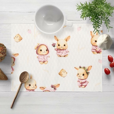 Biante bavlna prostírání Sandra SA-538 Růžoví zajíčci a ptáčci na bílém 35x45cm