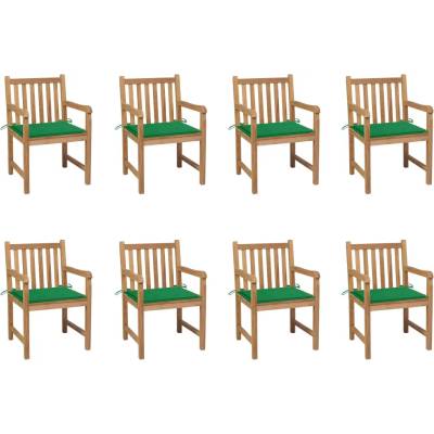 vidaXL Градински столове, 8 бр, зелени възглавници, тиково дърво масив (3073063)