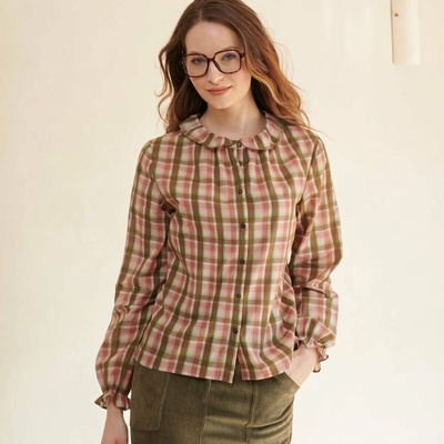 Kostkovaná halenka s volánky khaki/růžová