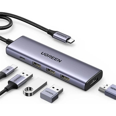 UGREEN Докинг станция 5 в 1, 4K30Hz, USB HUB, HDMI 1.4, 3x USB-A 3.0, USB-C, 100W, сива 15596 (15596)