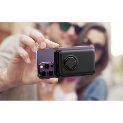 JOYROOM Преносима външна батерия с USB-C порт, USB-A изход, безжично зареждане с MagSafe и пръстен против изпускане - Joyroom Magnetic Wireless Ring Holder Power Bank 10000 mAh 20W (черен) (JR-W050)