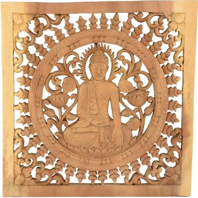 Závěsná dřevěná dekorace Buddha - Bhumisparsa mudra - dvoubarevná - 40 x 40 cm