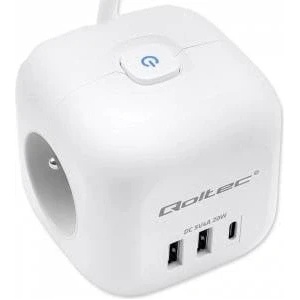 Qoltec Power Strip Extension 6-in-1 with Illuminated Switch | 3x AC | 2x USB | 1x USB-C PD 20W | White | Cable 2m