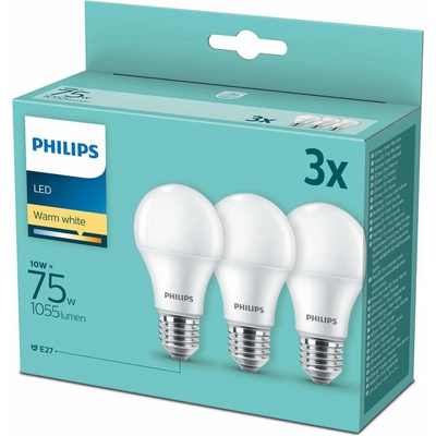 Philips LED sada žárovek 3x10W-75W E27 1055lm 2700K set 3ks, bílá