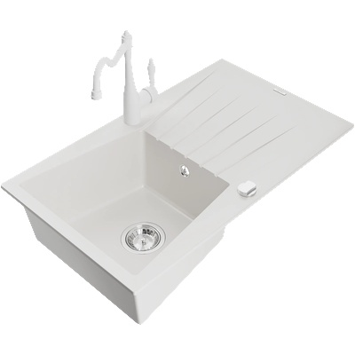 Mexen Cesar гранитна мивка с 1 отделение с отцедник и кухненски смесител Carla, бял - 6514-20-670700-20 (6514-20-670700-20)