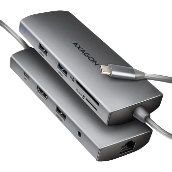 AXAGON USB концентратор AXAGON HMC-8HLSA, USB-C 3.2 Gen 1, 3x USB-A, HDMI 4K/30Hz, Gigabit Ethernet, SD/microSD, 3.5mm Audio, PD 100W - 8595247907523 (HMC-8HLSA)