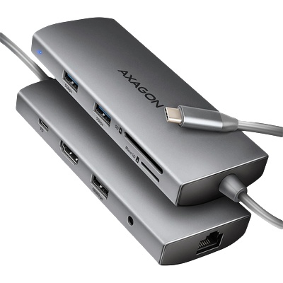 AXAGON USB концентратор AXAGON HMC-8HLSA, USB-C 3.2 Gen 1, 3x USB-A, HDMI 4K/30Hz, Gigabit Ethernet, SD/microSD, 3.5mm Audio, PD 100W - 8595247907523 (HMC-8HLSA)