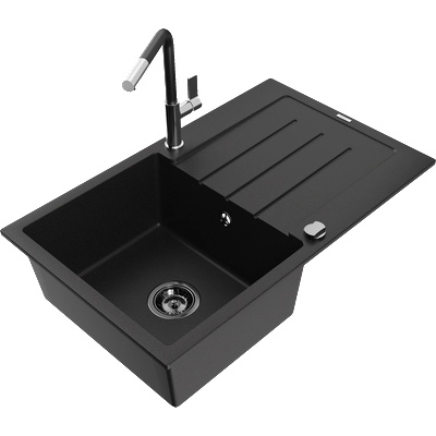 Mexen Bruno гранитна мивка с 1 камера с отцедник и кухненски смесител Flora, черен - 6513-77-670401-07-B (6513-77-670401-07-B)
