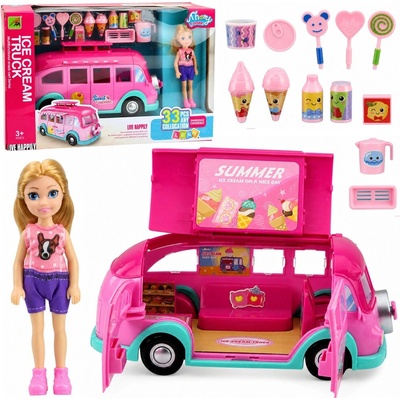 LEAN Toys Ružový zmrzlinový food truck s bábikou 33 dielov