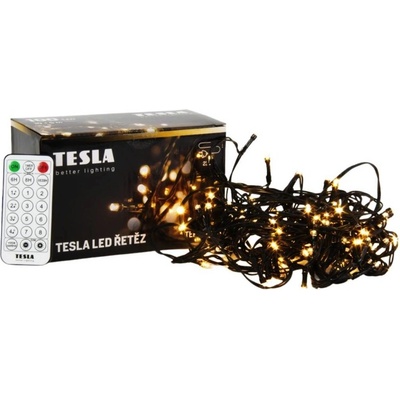Světelný řetěz Tesla dekorativní řetěz teplý bílý 3000K,100LED 10m + 5m kabel 230V ovladač s 8 funkcemi IP44 VO23148MWW