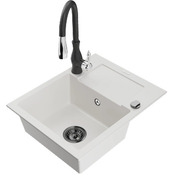 Mexen Enzo гранитна мивка с 1 камера с отцедник и кухненски смесител Savita, бял - 6506-20-672601-70 (6506-20-672601-70)