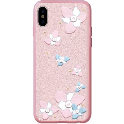 DEVIA Flower Embroidery Lanya Case - дизайнерски кожен кейс с ръчна бродерия за iPhone XS, iPhone X (розов)