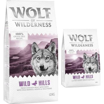 Wolf of Wilderness 12 + 2 подарък! 14 кг Wolf of Wilderness суха храна - Wild Hills патешко