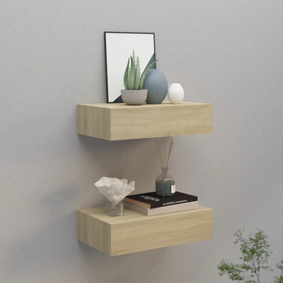 vidaXL Стенни рафтове с чекмеджета, 2 бр, дъб, 40x23, 5x10 см, МДФ (330248)