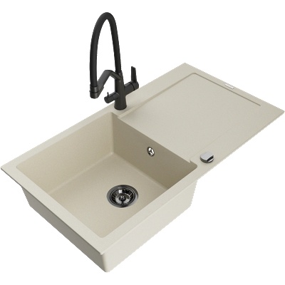 Mexen Leo еднокамерен гранитен мивка с отцедник и кухненски смесител Duo, бежов - 6501-69-671701-70-B (6501-69-671701-70-B)