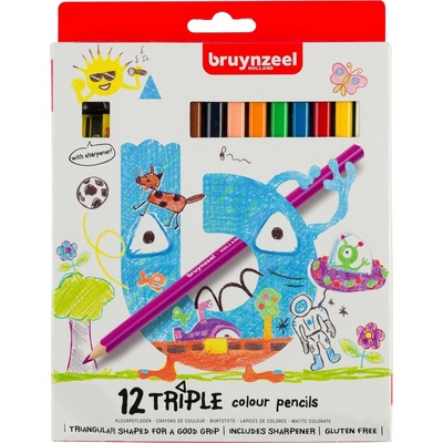 Bruynzeel 60119012 trojhranné pastelky Triple +4 sada 12 ks. a ořezávátko