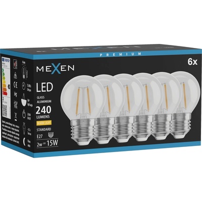 Mexen Vintis 6x LED нажежаема жичка крушка E27, G45, 2W, Топла - 2700K, 240 lm, прозрачен - (L156-E27-0227-00x06)