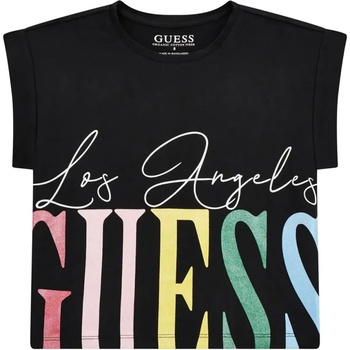 GUESS Къса тениска за момиче в черно с голям многоцветен надпис Guess