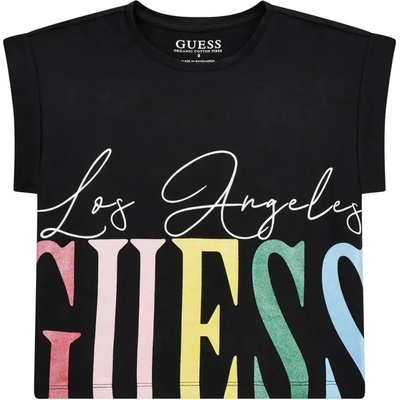 GUESS Къса тениска за момиче в черно с голям многоцветен надпис Guess