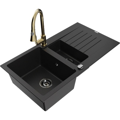 Mexen Matias гранитна мивка 1, 5-камерна с плот и кухненски смесител Elia, черен - 6502-77-670101-50-B (6502-77-670101-50-B)