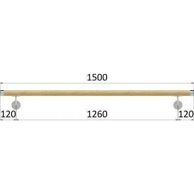 Madlo dřevěné (1500mm), materiál: buk, broušený povrch bez nátěru, set: 2ks úchyt, madlo s nerezovým ukončením