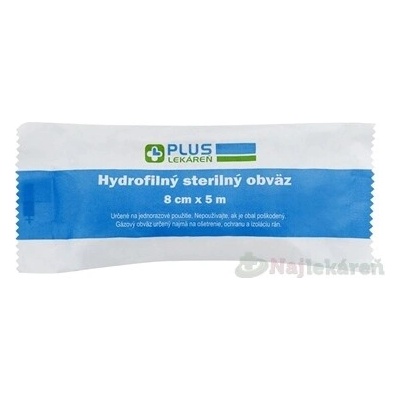 PLUS LEKÁREŇ Hydrofilný sterilný obväz 8 cm x 5 m 1 ks