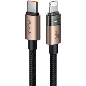 Mcdodo Кабел за данни - Mcdodo (CA-6941) - със светлина при зареждане, USB-C → Lightning, прозрачен кабел, 36W, 1.2m - Desert Gold
