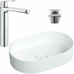 GROHE Комплект за мивка за плот Omnires Ovo M+ бяла 55 см, Grohe Eurosmart Cosmopolitan XL хромиран смесител за умивалник и хромиран вентил за умивалник Click-Clack (OVOUNBP+23921000+5902557344925)