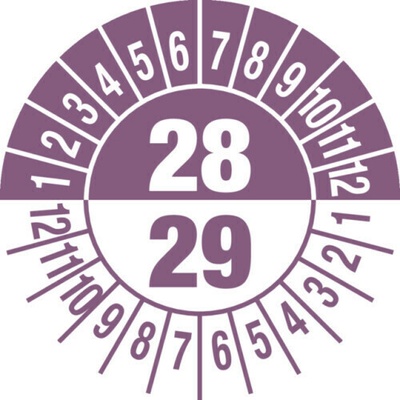 Kontrolná nálepka 28/29, fialová, samolepiaca fólia, 30 mm, BJ = 5 listov / à 15 ks