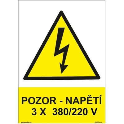 DUKO POZOR - NAPĚTÍ 3 X 380/220 V Formát: 105 x 148 mm, Materiál: samolepící vinylová fólie