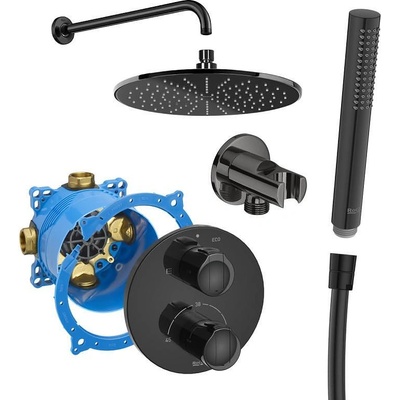 Roca Комплект за вграждане за баня, RocaBox + термостатен смесител T-1000, душ глава, стенно рамо, ръчен душ, шлаух, стенно коляно с държач, titanium black (173408)