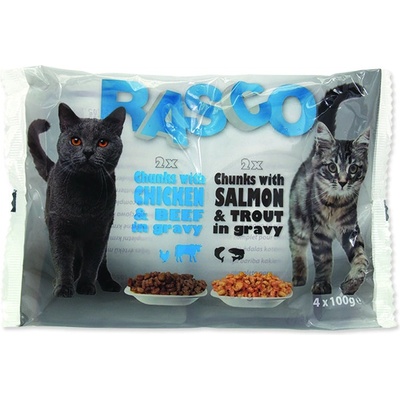 RASCO Cat s lososem a pstruhem s kuřecím a hovädziem 4 x 100 g