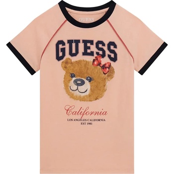 GUESS Тениска за момиче в розово с черни детайли и цветно мече отпред Guess