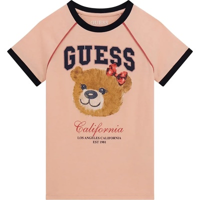GUESS Тениска за момиче в розово с черни детайли и цветно мече отпред Guess