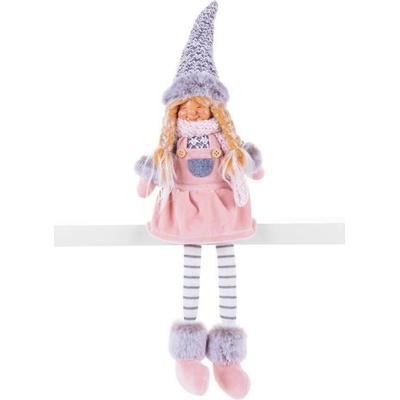 MagicHome Vánoční figurka Holčička s vysokým kloboukem látka růžovo-šedá 17x12x54 cm