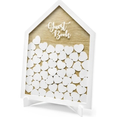 PartyDeco Svatební dřevěná kniha hostů obraz domek se srdíčky – Zboží Mobilmania