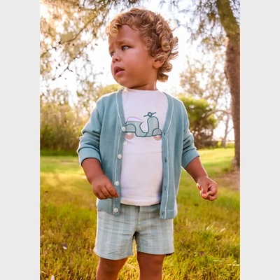 Mayoral Комплект бермуди лен в зелено и бяла тениска с мотор за бебе момче Mayoral