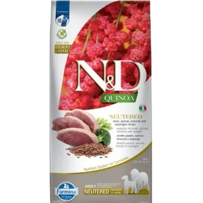 Farmina N&D Quinoa Neutered - Пълноценна храна за кастрирани кучета от средни и едри породи в зряла възраст с киноа, патица, броколи и аспержи, 12кг