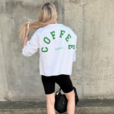 Světle šedá prémiová mikina se zeleným nápisem COFFEE