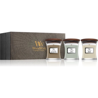 Woodwick Fireside + White Teak + Sand & Driftwood подаръчен комплект 3x85 гр