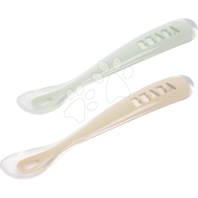 Prvé tréningové lyžičky First Age Silicone Spoons Clay Misty Green Duo Beaba zo silikónu na samostatné jedenie v praktickom obale 2 kusy hnedo-zelené od 4 mes