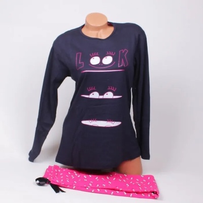 Памучна пижама в тъмносиньо и цикламено със забавна апликация