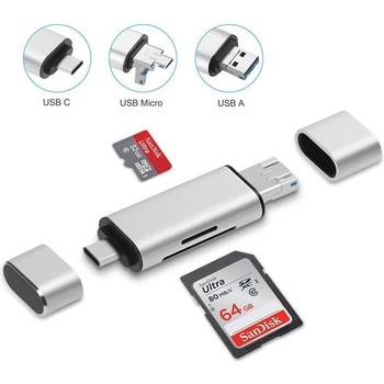 Универсален четец на карти 5 в 1 OTG USB, Type-C, microUSB - MicroSD TF и SD. 7S, четец на флашки (OTG5)