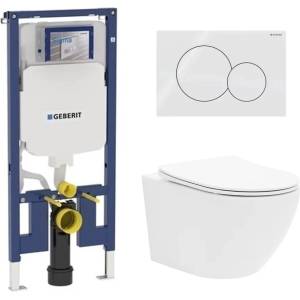 Rune Комплект казанче за вграждане Geberit Duofix Sigma с комплект за фиксиране, бял бутон Sigma01, плюс бяла тоалетна чиния Rune Ivaldi с тънък капак softclose (111.796.00.2+115.770.11.5+5940541330400)