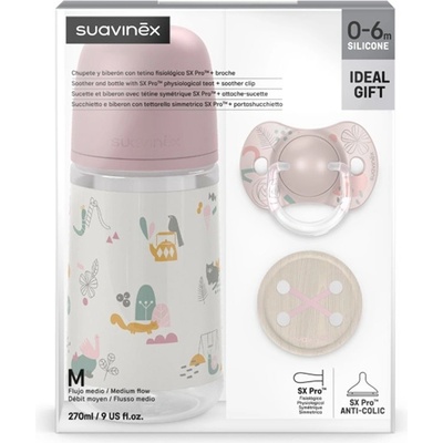 Suavinex sada láhev 270ml + dudlík fyziologický + klip Walk růžová
